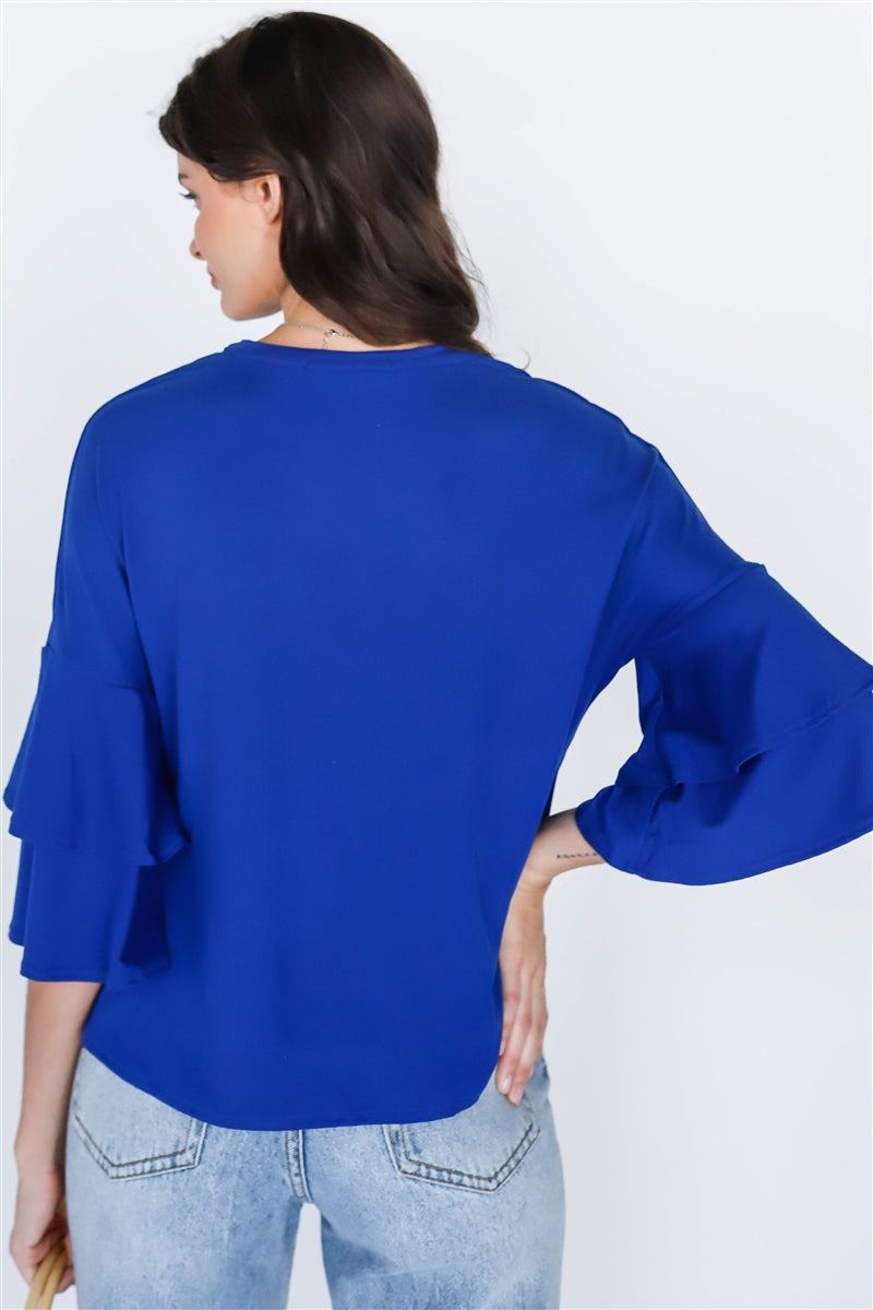 Royal Blue Tie Detail Bell Midi Sleeve Top