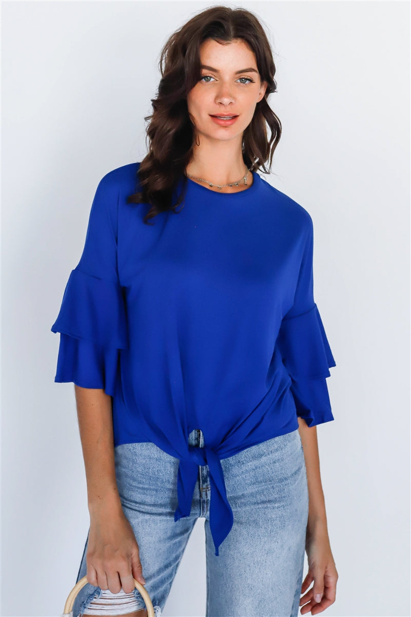 Royal Blue Tie Detail Bell Midi Sleeve Top