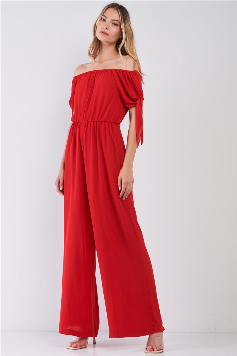 Red Off-The-Shoulder Short Sleeve With Self-Tie Detail Wide Leg Jumpsuit