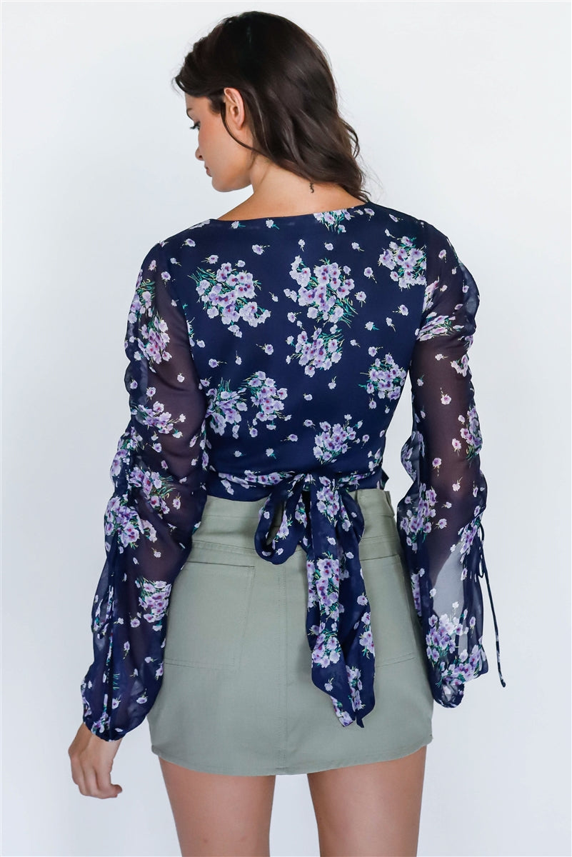 Navy Multi Color Floral Print Ruched Detail Sleeve Wrap Top