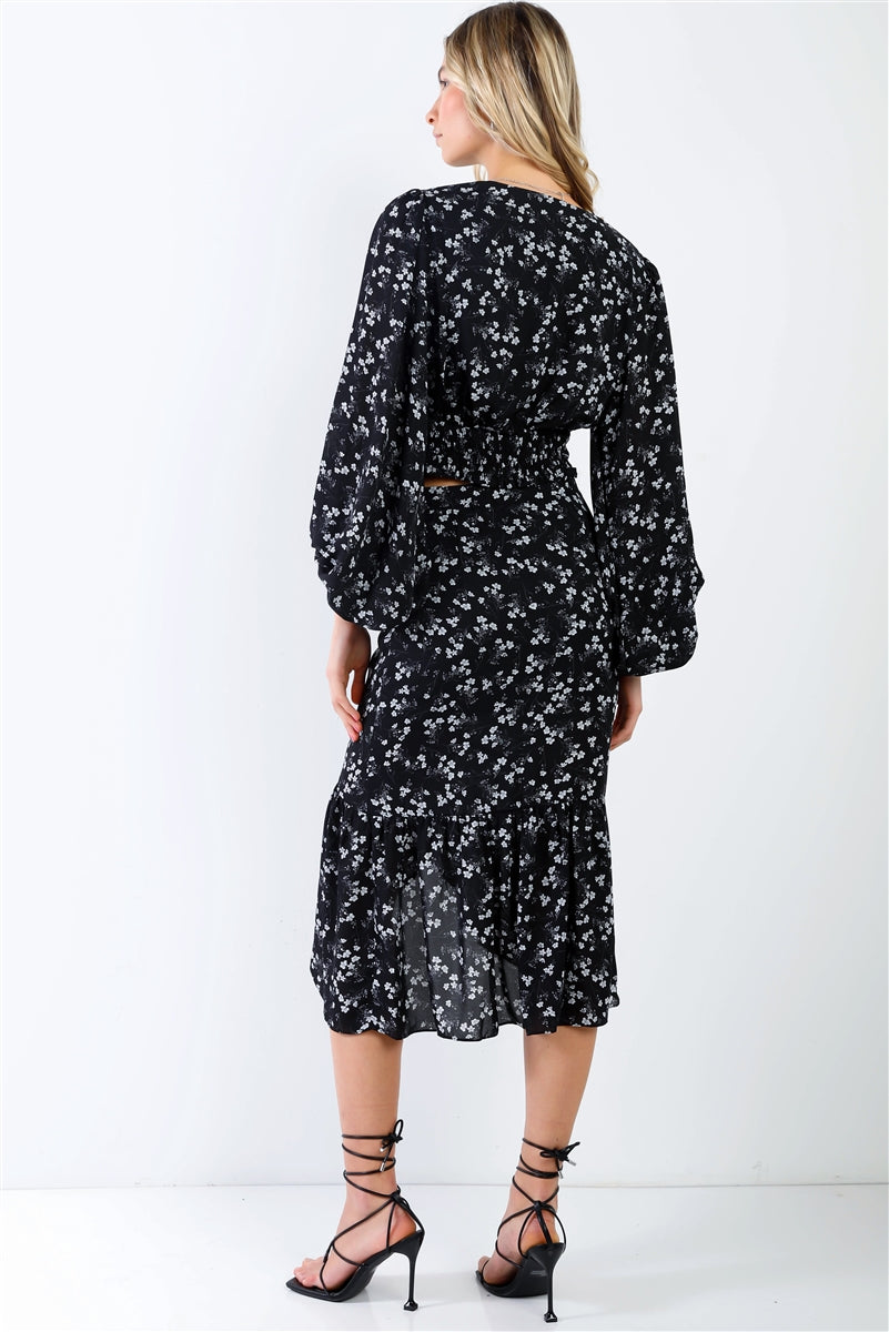 Black & White Floral Twist Detail Puff Balloon Midi Sleeve Top