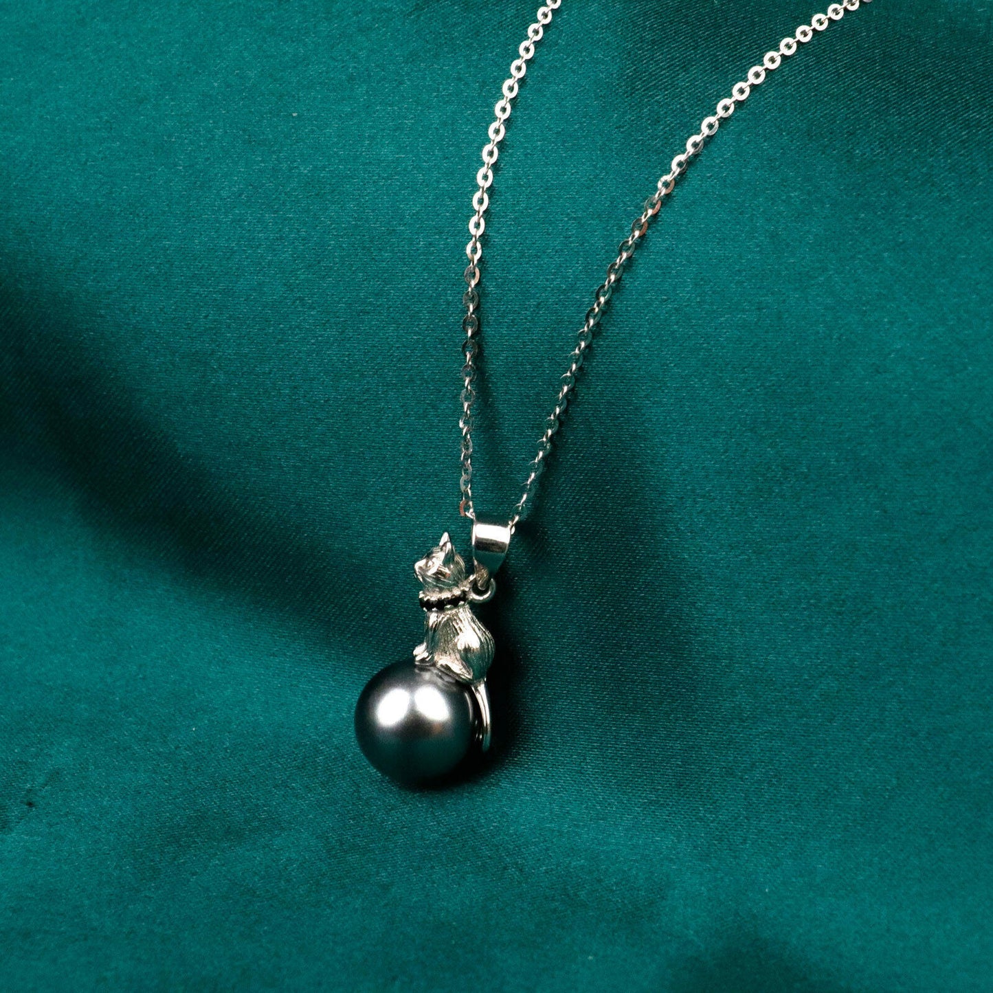 Pearl Cat & Moon Pendant Necklace 925 Sterling Silver Plated Jewelry Gift