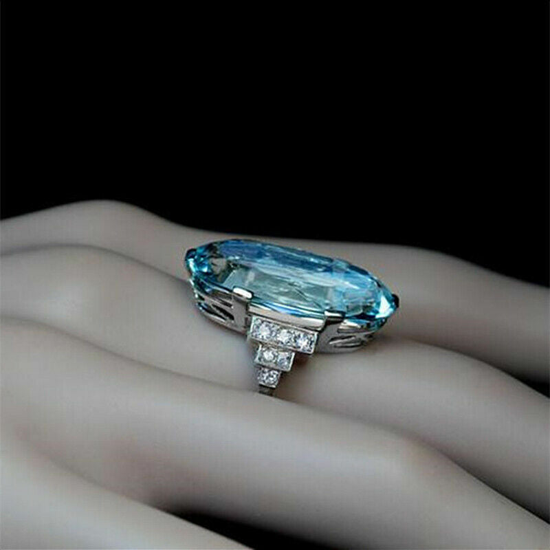 Jewelry zircon Charm Oval Cut Aquamarine Silver Plated Ring Sz 6-10 Lab-Created