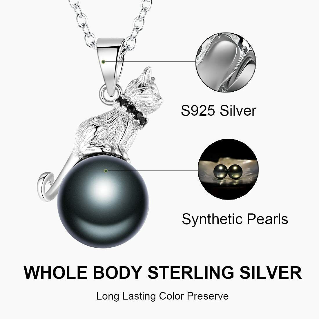 Pearl Cat & Moon Pendant Necklace 925 Sterling Silver Plated Jewelry Gift