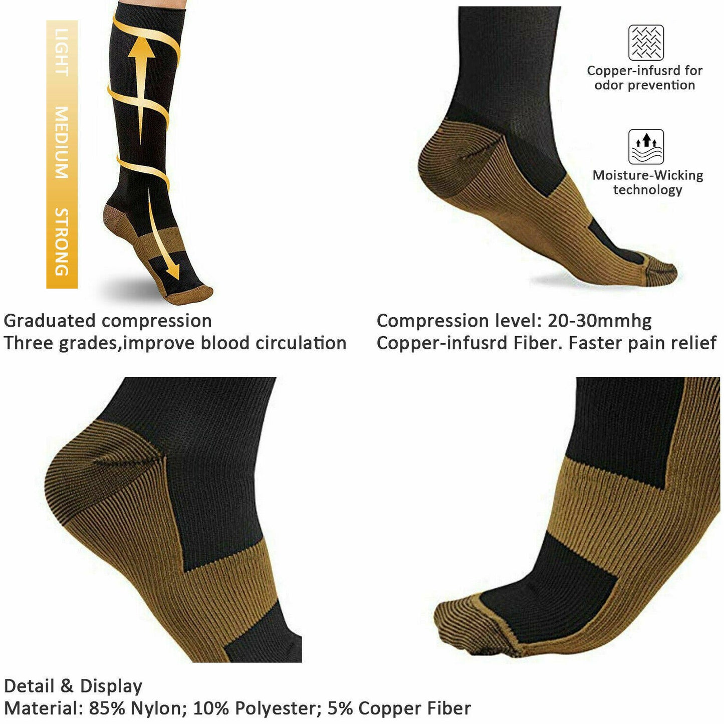 3 Pairs Compression Socks Copper Fit Knee High 20-30mmHg Energy Support Recover