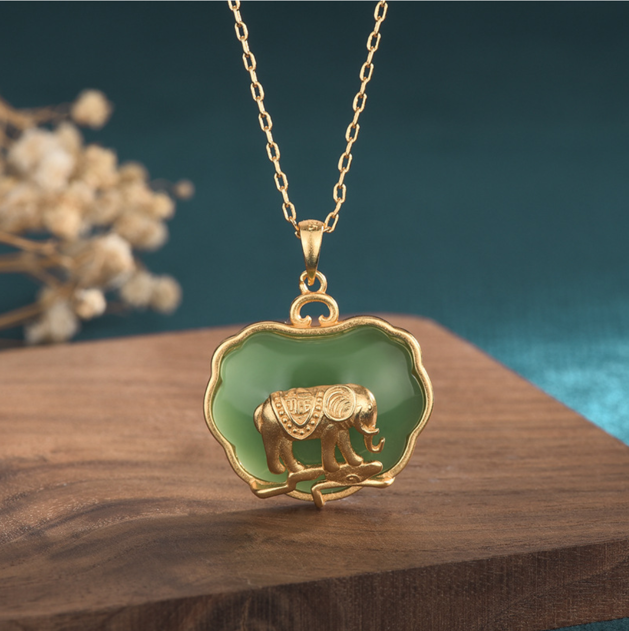 Jade Elephant Shape Charm Pendant Chain Necklace 18K Gold Plated