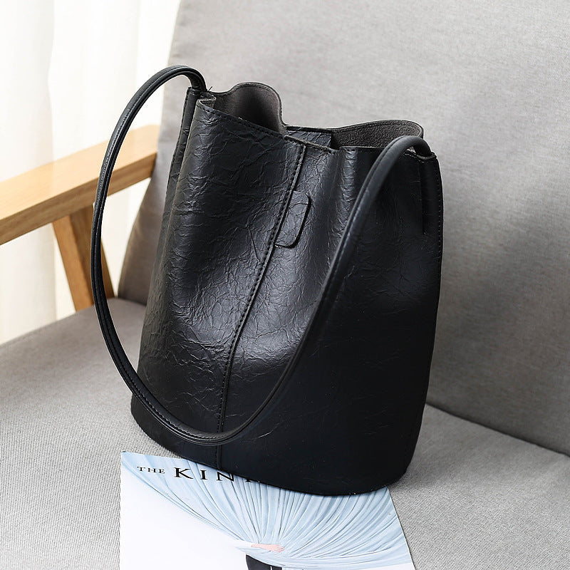 Women Bucket Bag Large Capacity Vintage PU Leather