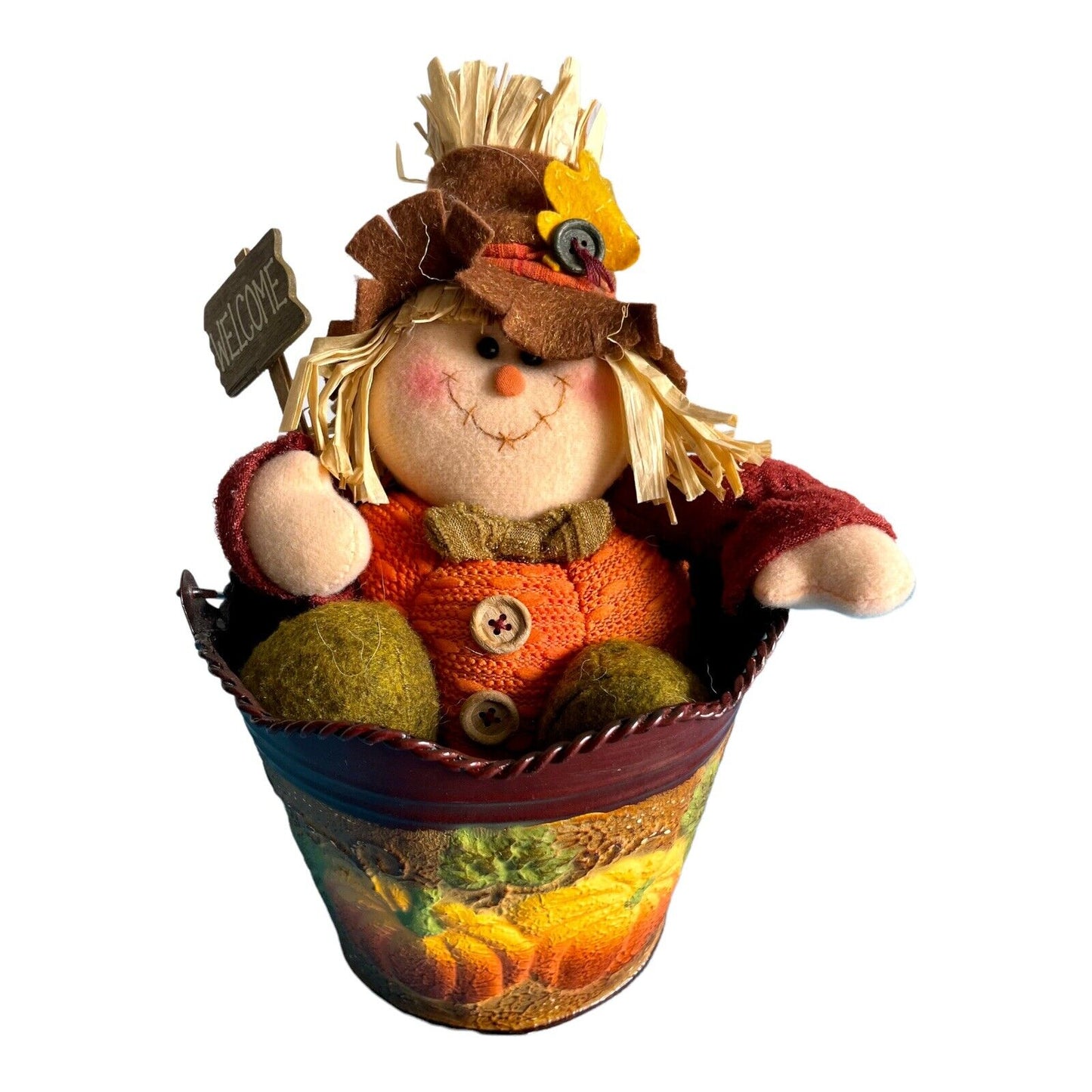 Fall Decor ~ Autumn Harvest ~ Thanksgiving ~ Metal Bucket ~ Pumpkin ~ Scarecrow