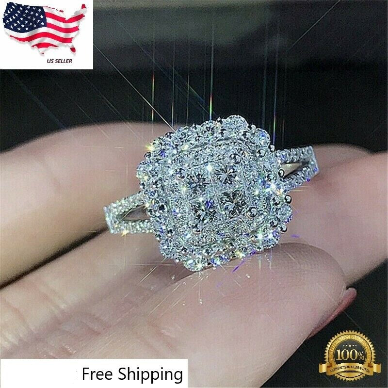 925 Silver Plated Rings Women Jewelry White Glass 6-10 Simulated