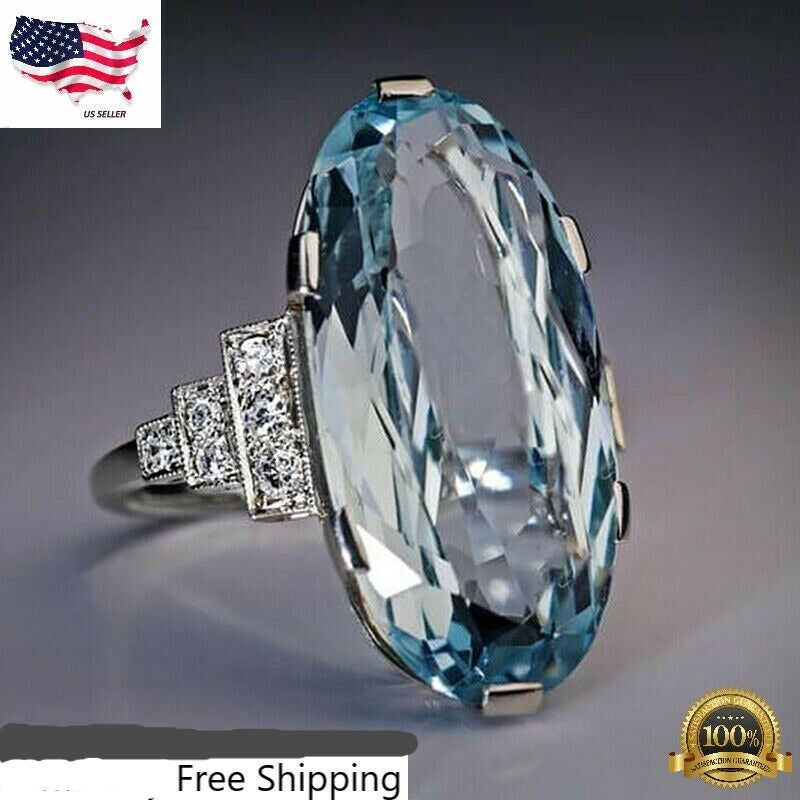 Jewelry zircon Charm Oval Cut Aquamarine Silver Plated Ring Sz 6-10 Lab-Created