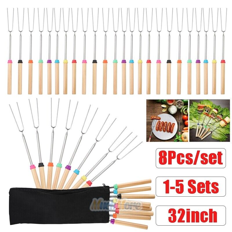 40x 32'' Telescoping BBQ Marshmallow Roasting Sticks Smores Skewers Hot Dog Fork