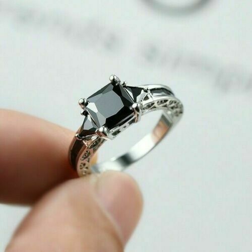 Women Silver Plated Rings Jewelry Black Sapphire Elegant Sz 5-11 Simulated