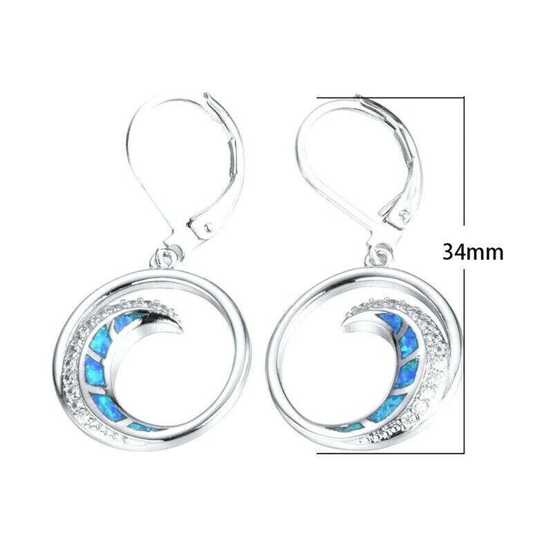 Silver Plated Blue Simulated Opal Moon Dangle Hoop Stud Earrings