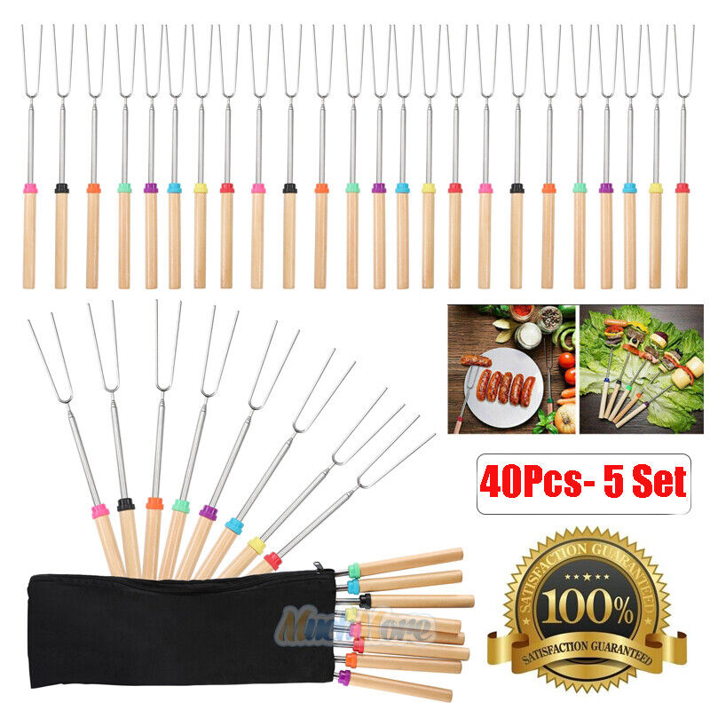 40x 32'' Telescoping BBQ Marshmallow Roasting Sticks Smores Skewers Hot Dog Fork