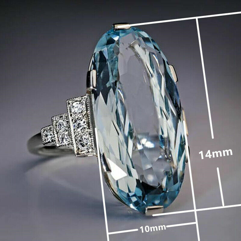 Jewelry zircon Charm Oval Cut Aquamarine Silver Plated Ring Sz 6-10 Lab-Created