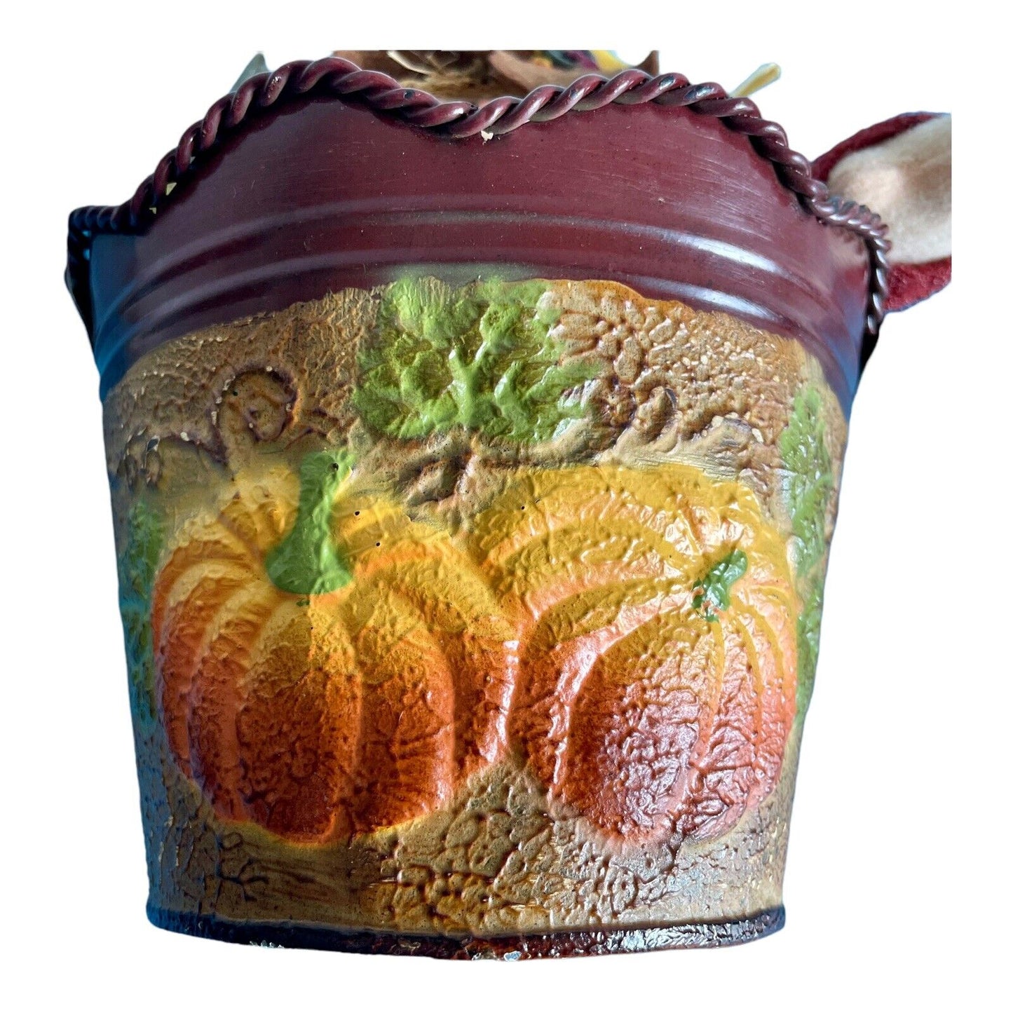 Fall Decor ~ Autumn Harvest ~ Thanksgiving ~ Metal Bucket ~ Pumpkin ~ Scarecrow