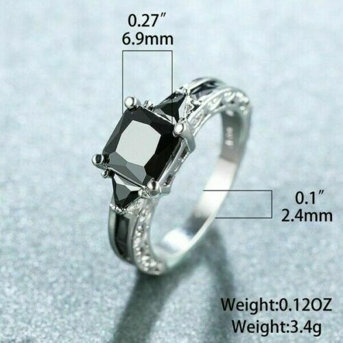 Women Silver Plated Rings Jewelry Black Sapphire Elegant Sz 5-11 Simulated