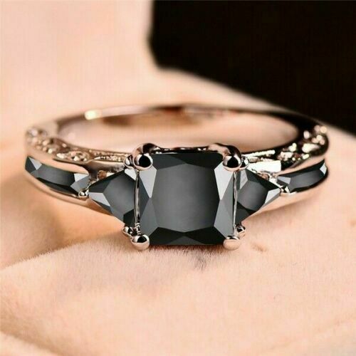 Women Silver Plated Rings Jewelry Black Sapphire Elegant Sz 5-11 Simulated