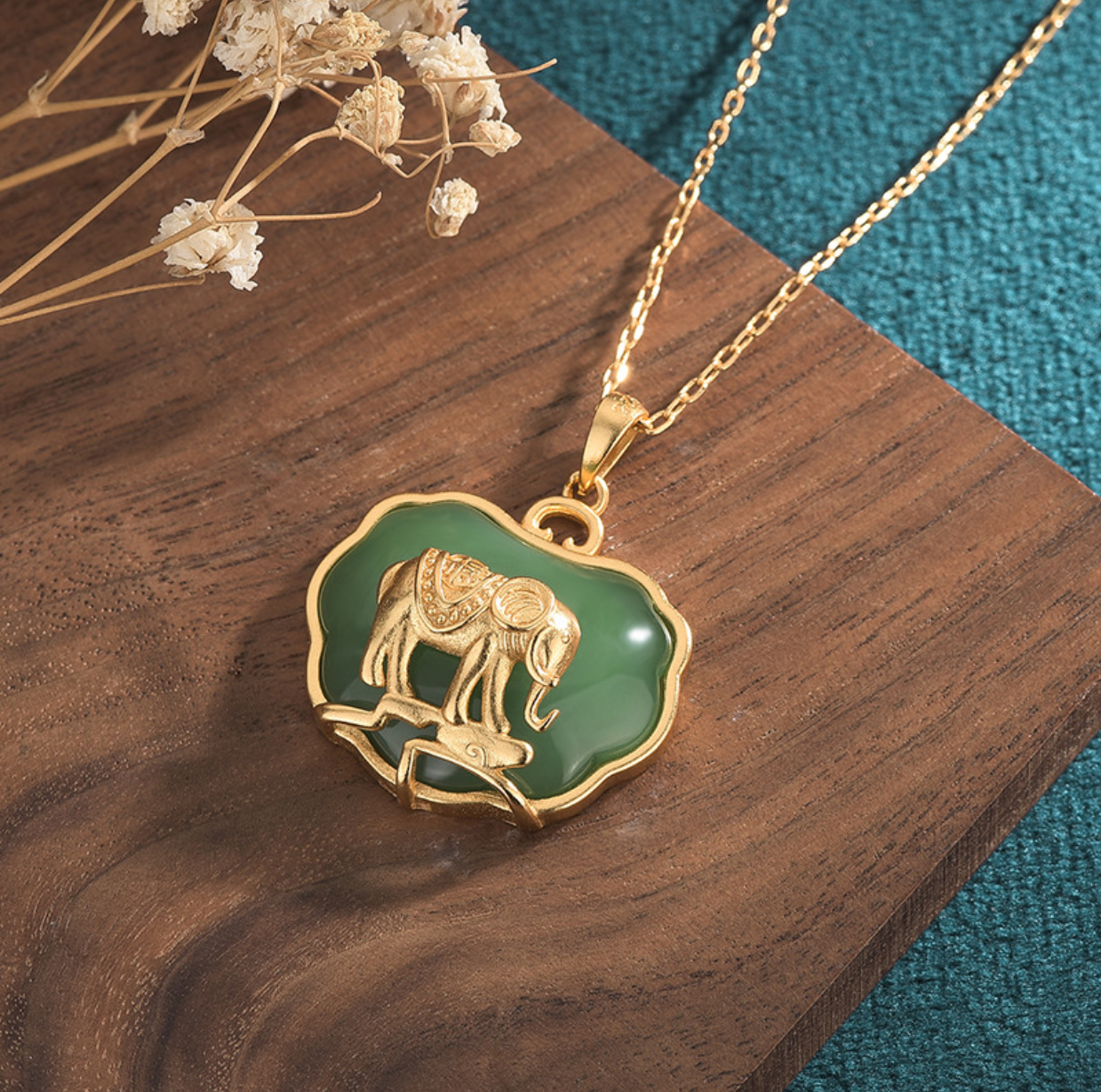 Jade Elephant Shape Charm Pendant Chain Necklace 18K Gold Plated