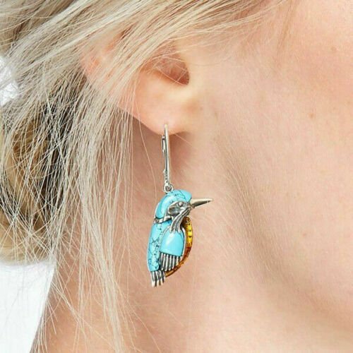 Bird Hoop Dangle Drop Earrings Women Turquoise Silver Plated