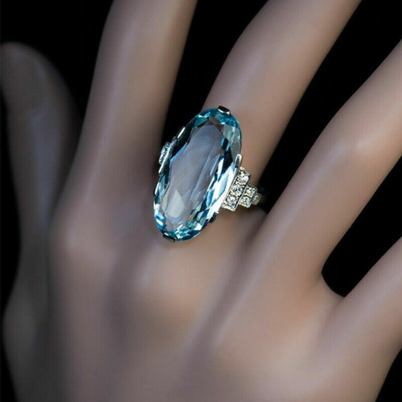 Jewelry zircon Charm Oval Cut Aquamarine Silver Plated Ring Sz 6-10 Lab-Created