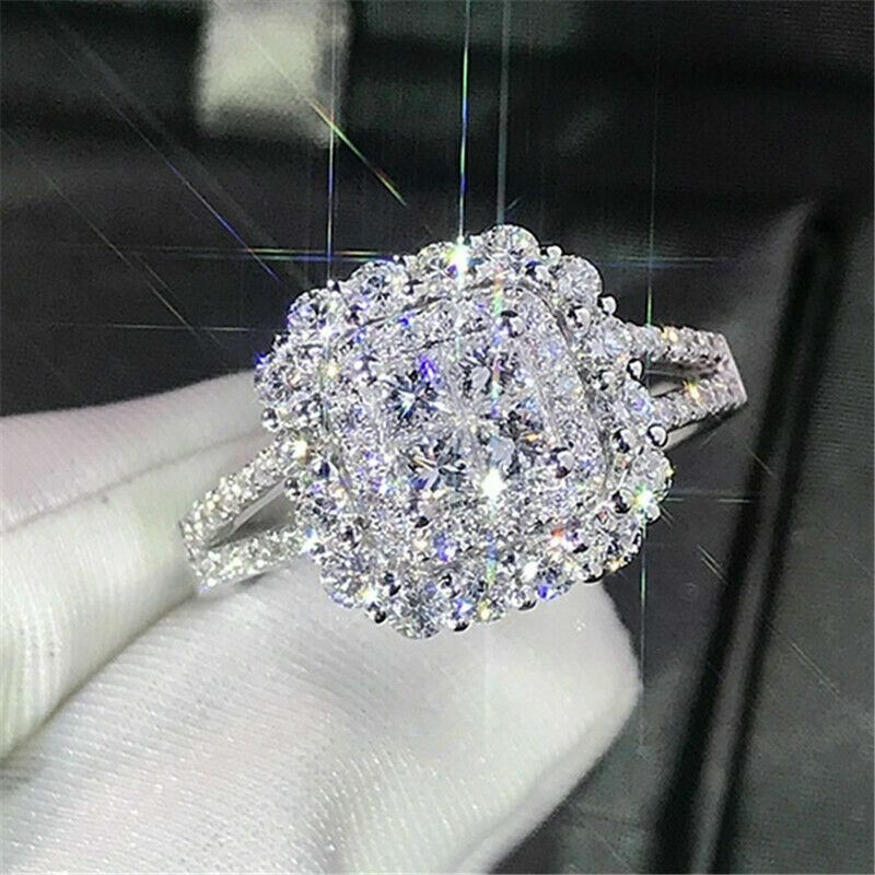 925 Silver Plated Rings Women Jewelry White Glass 6-10 Simulated