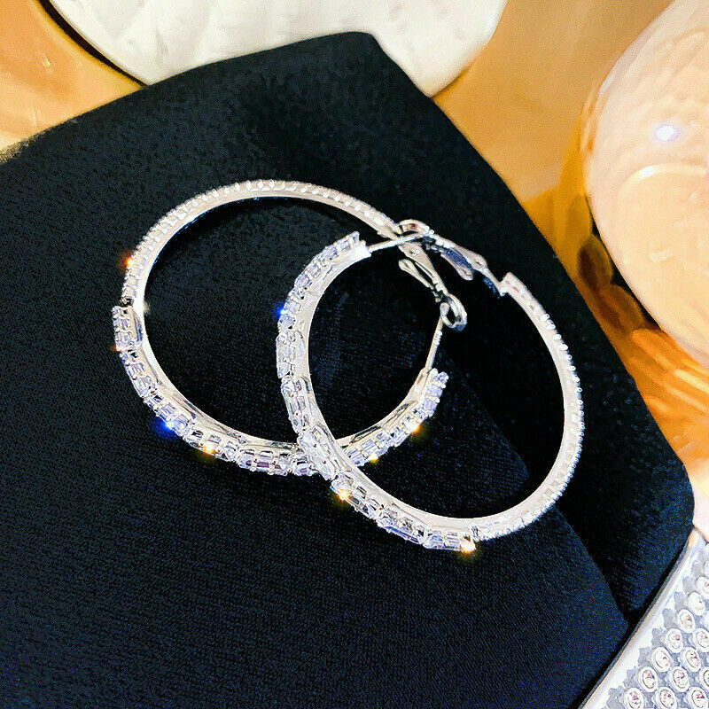 Gorgeous Hoop Earrings Women 925 Silver Plated Jewelry White glass Simulated