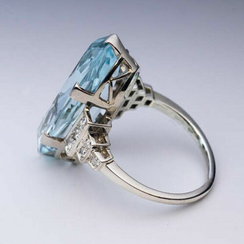 Jewelry zircon Charm Oval Cut Aquamarine Silver Plated Ring Sz 6-10 Lab-Created