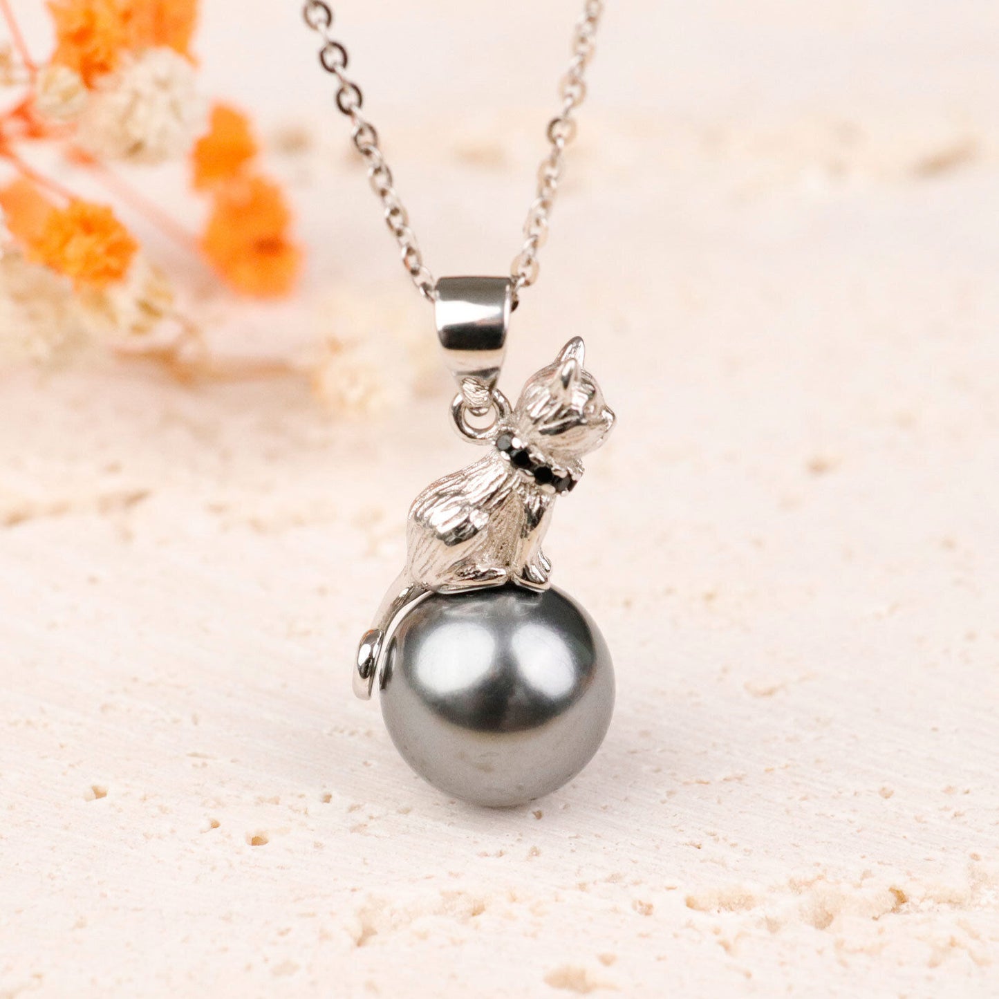 Pearl Cat & Moon Pendant Necklace 925 Sterling Silver Plated Jewelry Gift