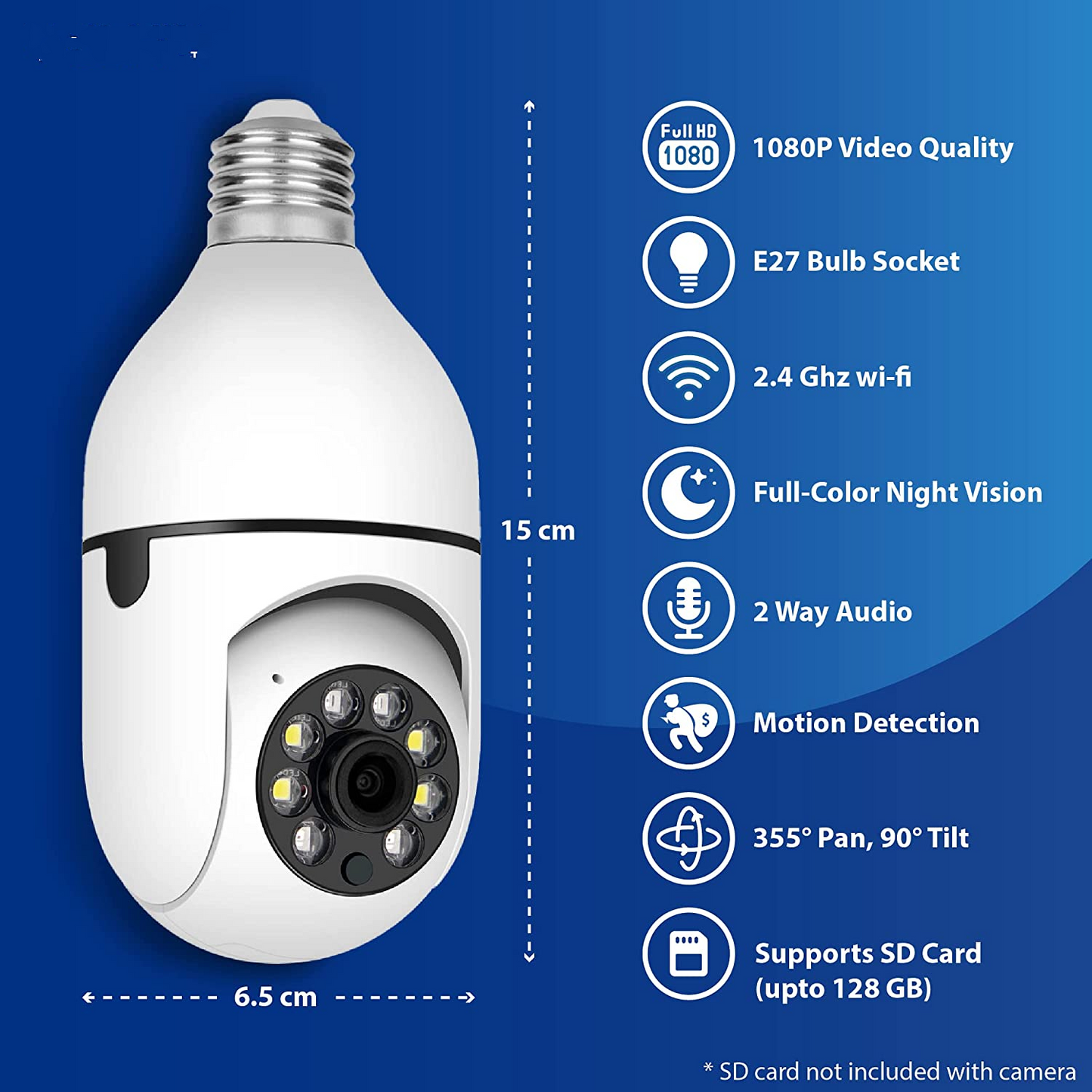 Smart Home Wireless Security 360° 1080P IP E27 Light Bulb Camera Wi-Fi IR Night