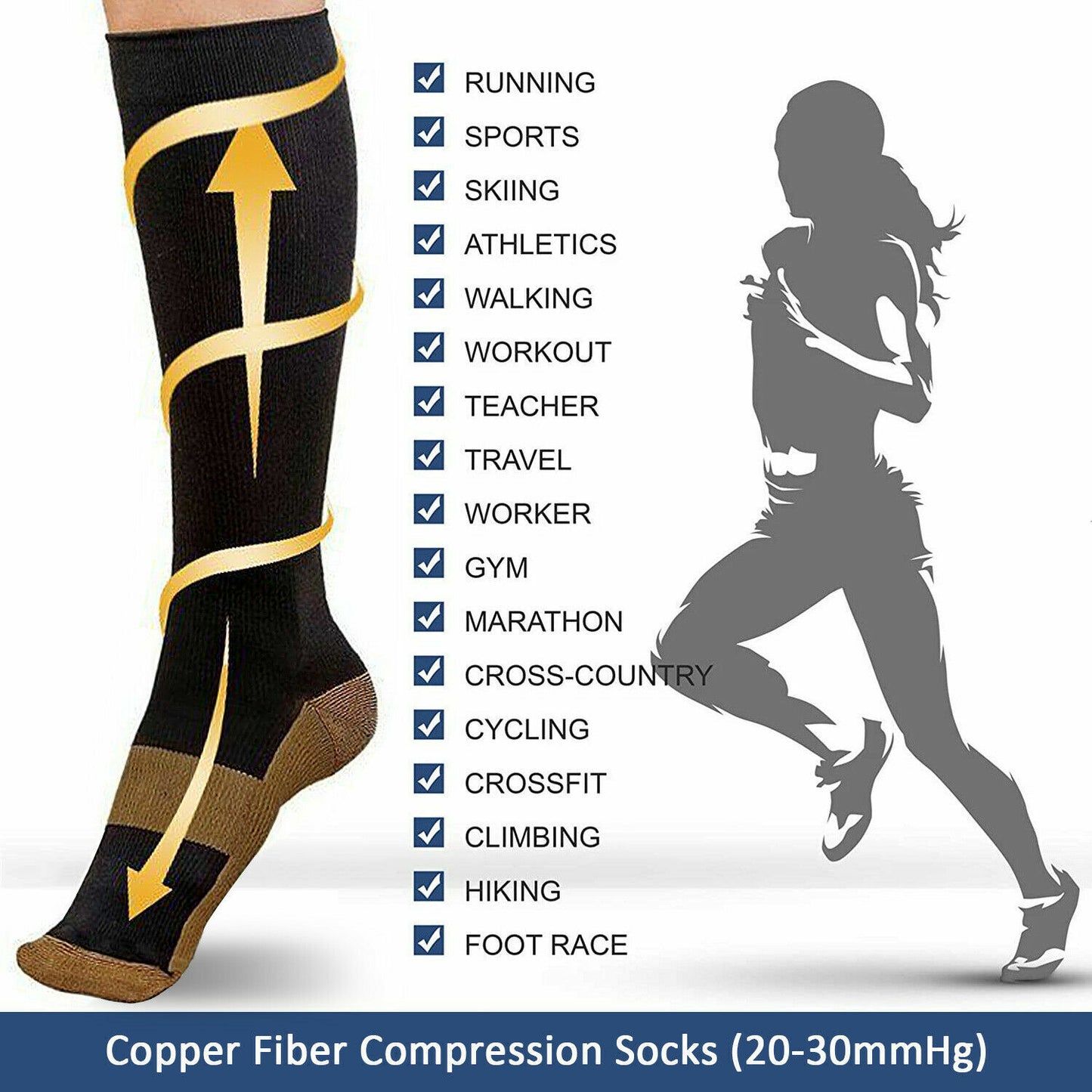 3 Pairs Compression Socks Copper Fit Knee High 20-30mmHg Energy Support Recover