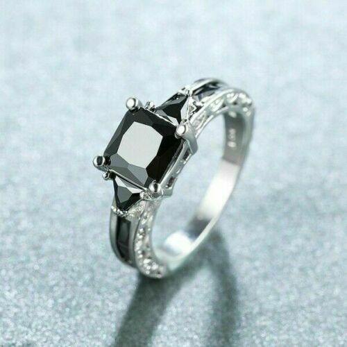 Women Silver Plated Rings Jewelry Black Sapphire Elegant Sz 5-11 Simulated