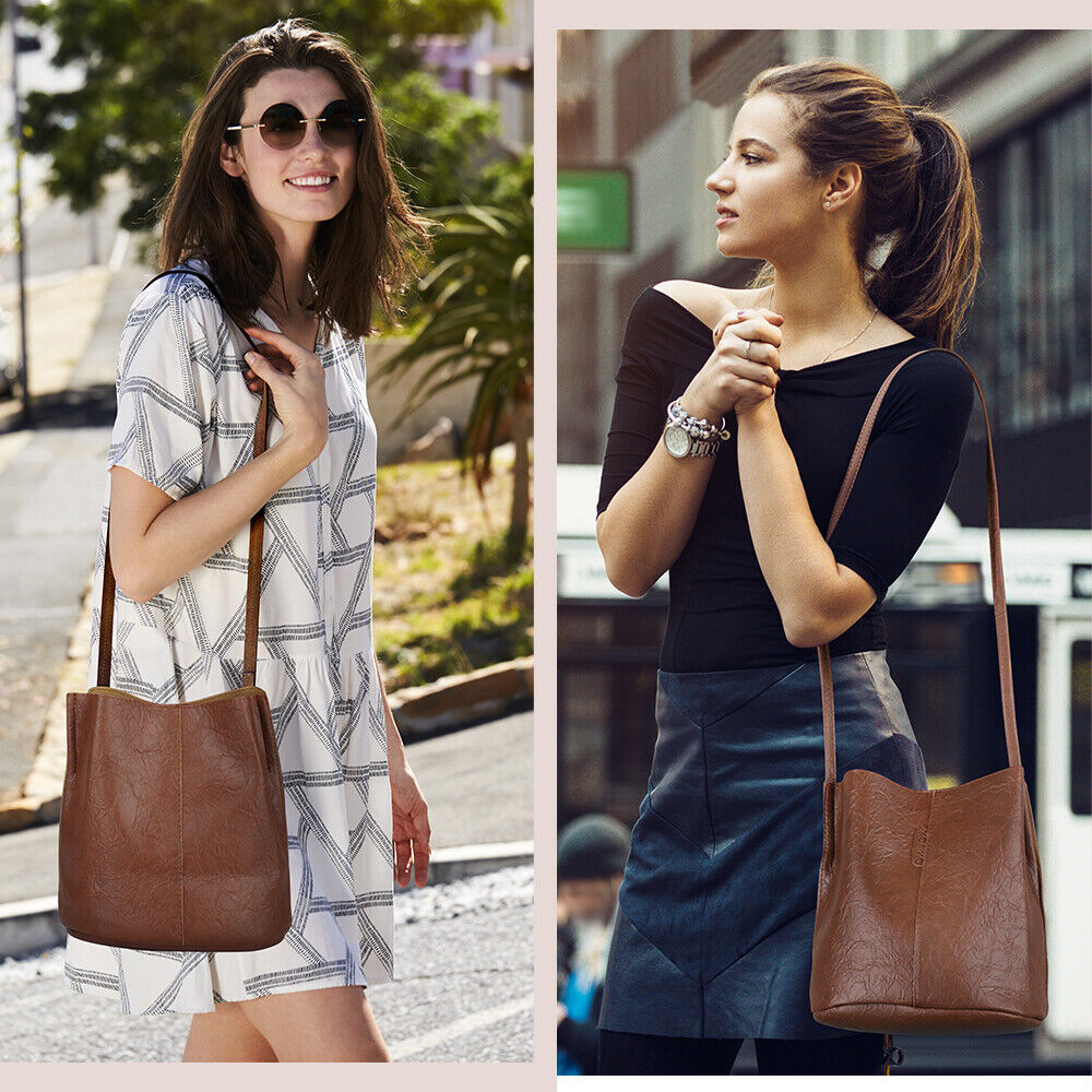 Women Bucket Bag Large Capacity Vintage PU Leather