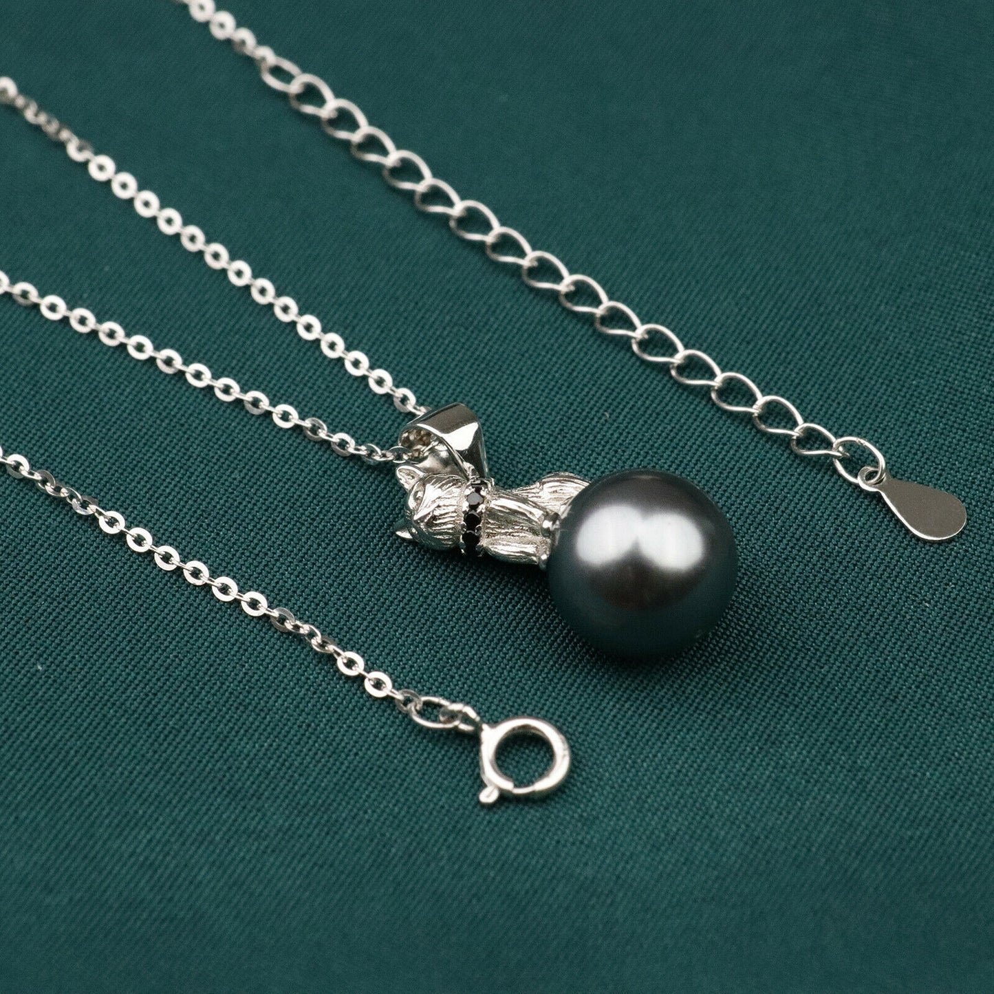 Pearl Cat & Moon Pendant Necklace 925 Sterling Silver Plated Jewelry Gift