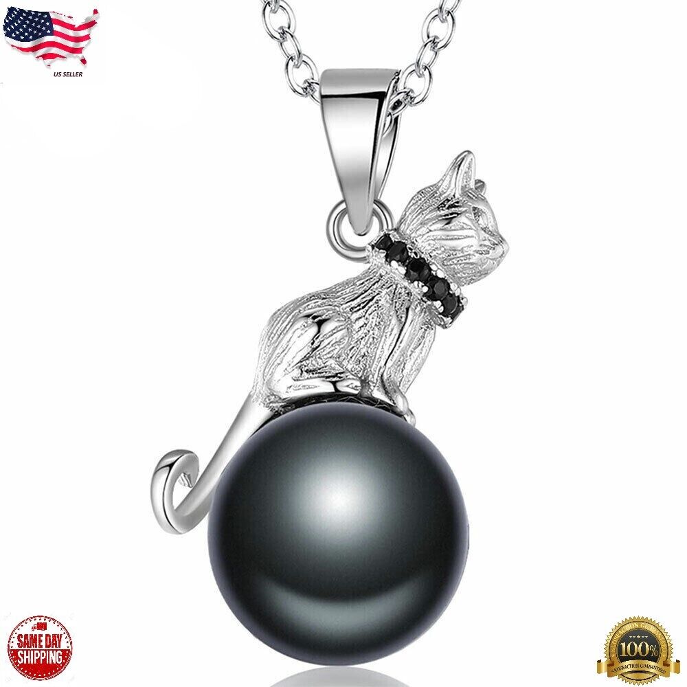 Pearl Cat & Moon Pendant Necklace 925 Sterling Silver Plated Jewelry Gift