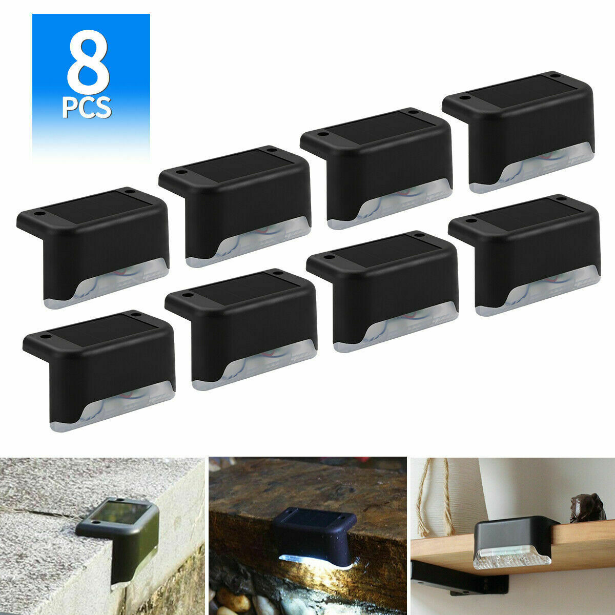 8 pack New Solar Deck Lights Outdoor Waterproof LED Steps Lamps for Stairs Fence