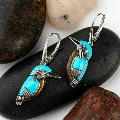 Bird Hoop Dangle Drop Earrings Women Turquoise Silver Plated