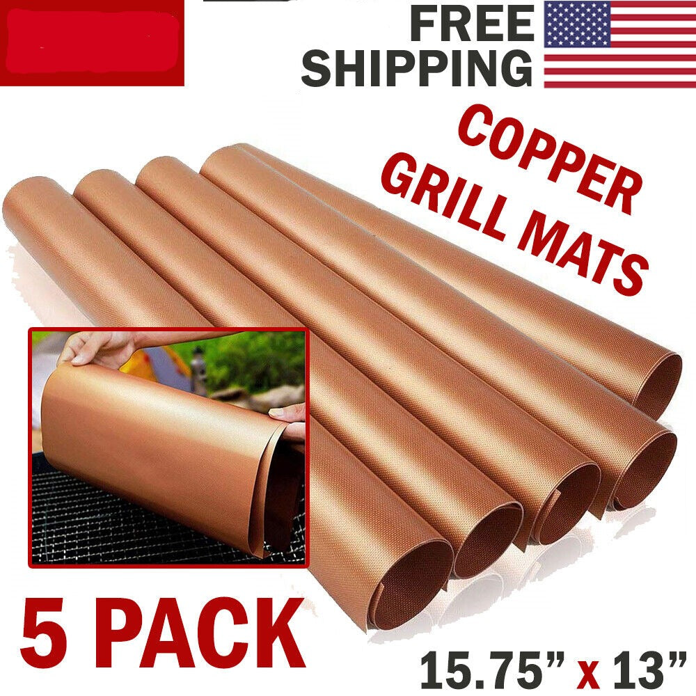 5pc Copper Grill Mats Baking Non Stick BBQ Cooking Oven Sheet Liner