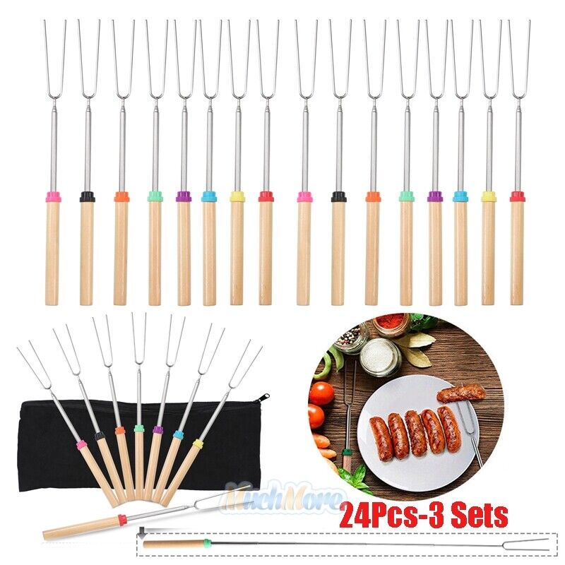 40x 32'' Telescoping BBQ Marshmallow Roasting Sticks Smores Skewers Hot Dog Fork