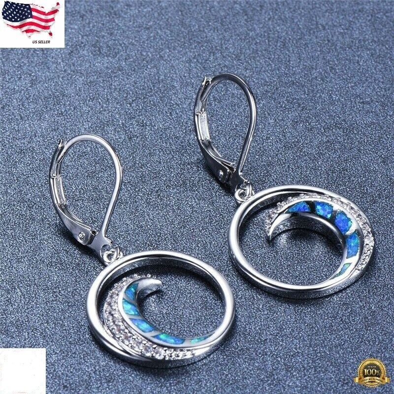 Silver Plated Blue Simulated Opal Moon Dangle Hoop Stud Earrings