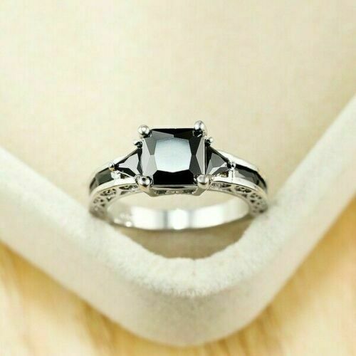 Women Silver Plated Rings Jewelry Black Sapphire Elegant Sz 5-11 Simulated