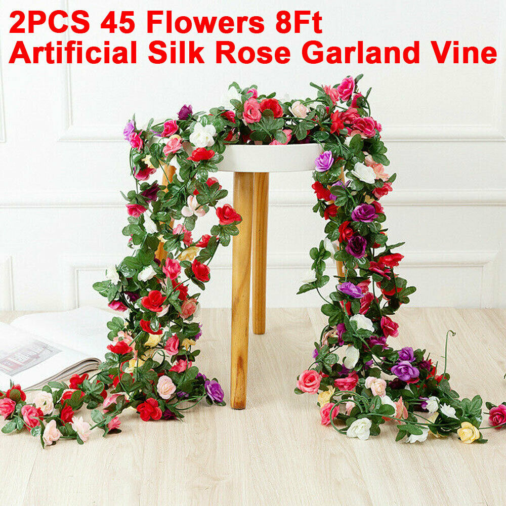 8Ft Artificial Rose Garland Silk 45 Flower Vine Ivy Wedding Garden Home Decor US