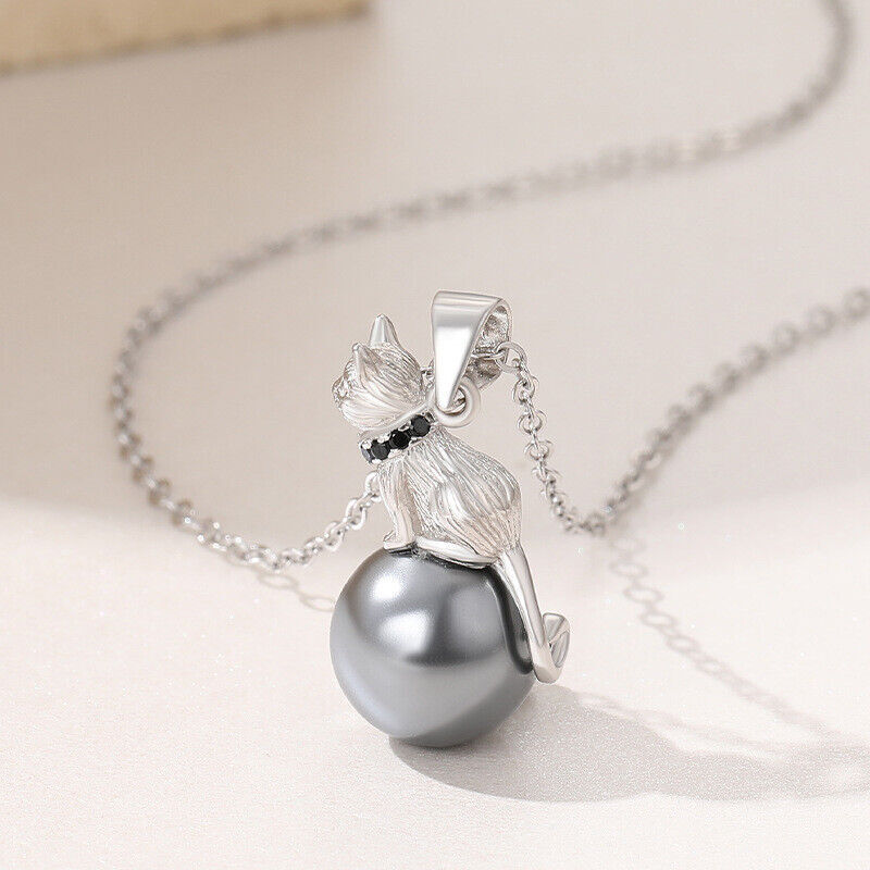 Pearl Cat & Moon Pendant Necklace 925 Sterling Silver Plated Jewelry Gift