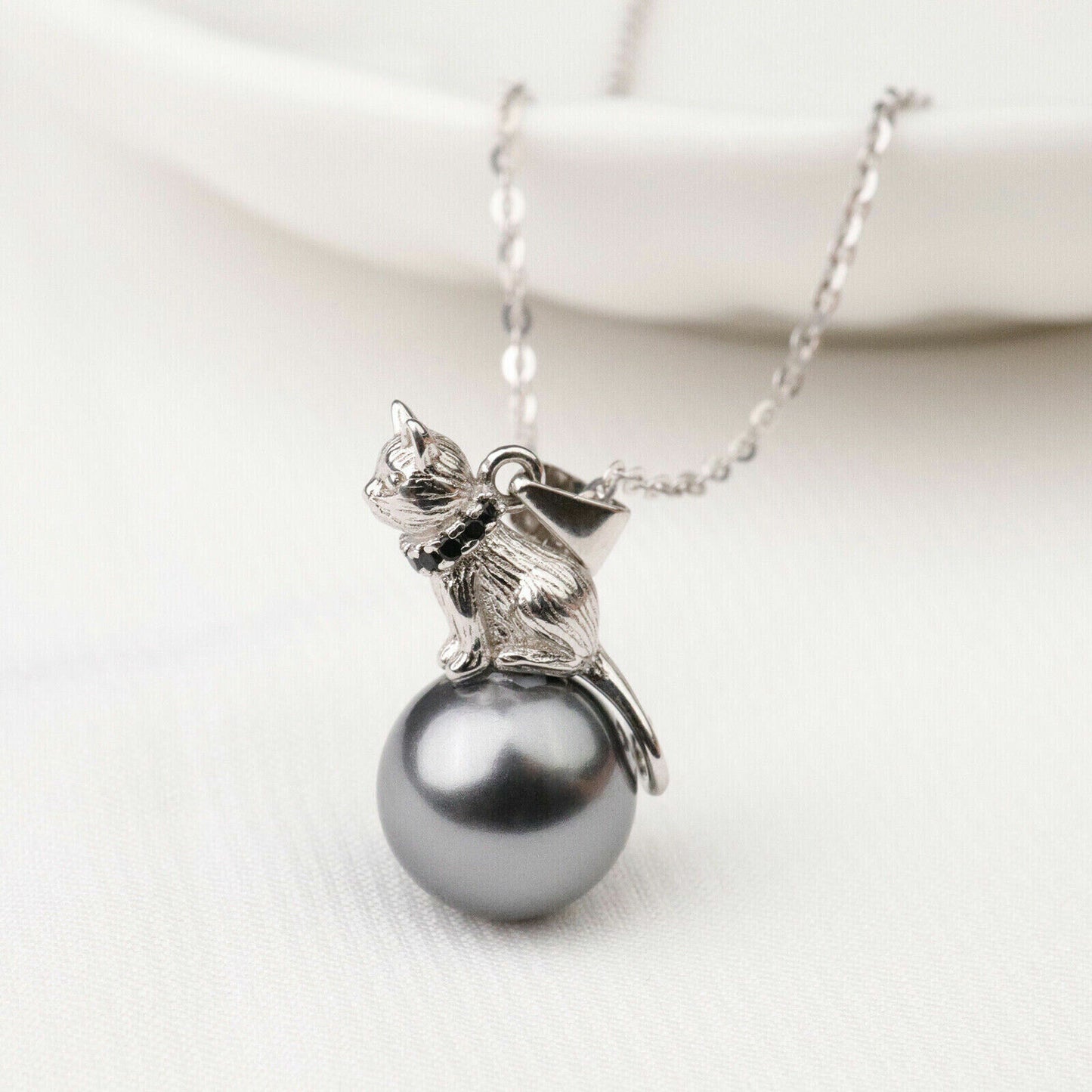 Pearl Cat & Moon Pendant Necklace 925 Sterling Silver Plated Jewelry Gift