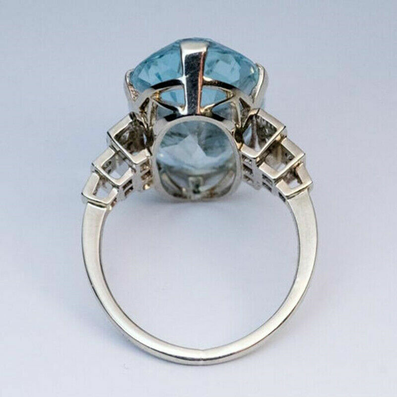 Jewelry zircon Charm Oval Cut Aquamarine Silver Plated Ring Sz 6-10 Lab-Created