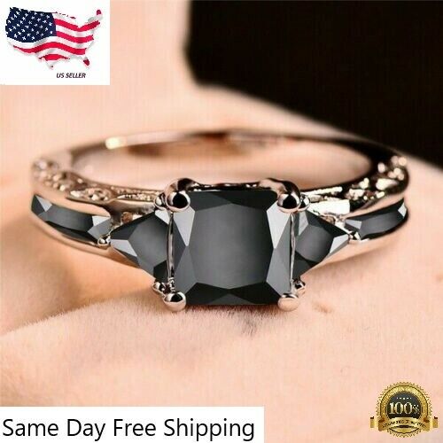 Women Silver Plated Rings Jewelry Black Sapphire Elegant Sz 5-11 Simulated