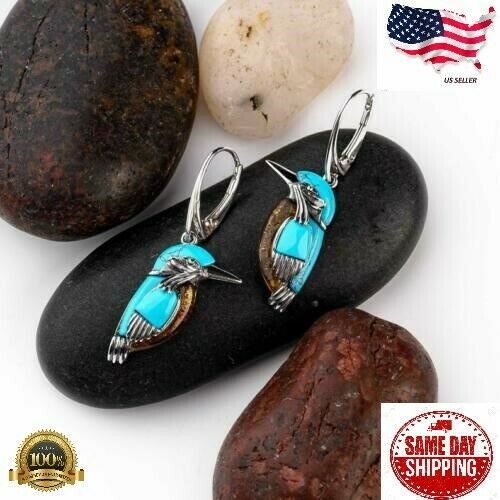 Bird Hoop Dangle Drop Earrings Women Turquoise Silver Plated