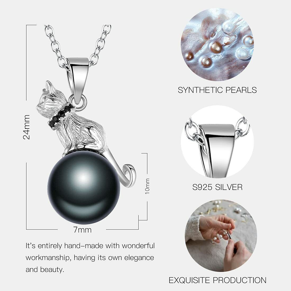 Pearl Cat & Moon Pendant Necklace 925 Sterling Silver Plated Jewelry Gift