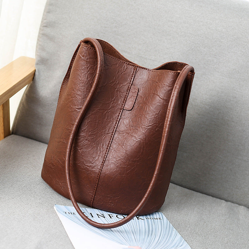 Women Bucket Bag Large Capacity Vintage PU Leather