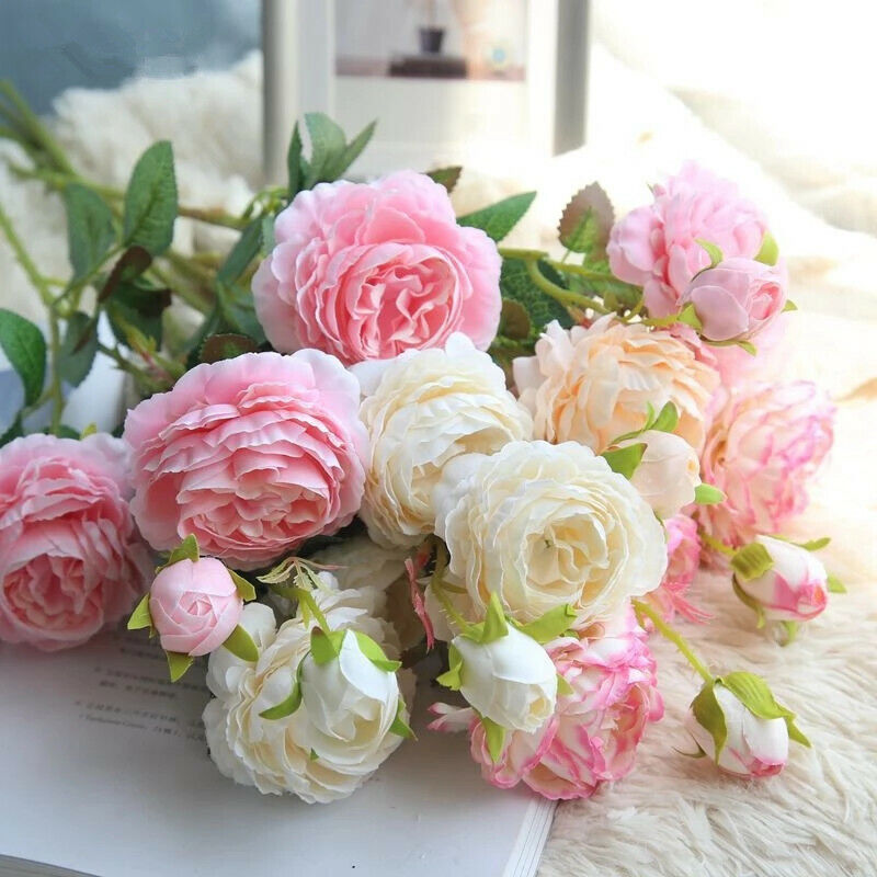 Peony Roses Artificial Silk Fake Flowers White Bridal Wedding Bouquet Home Decor